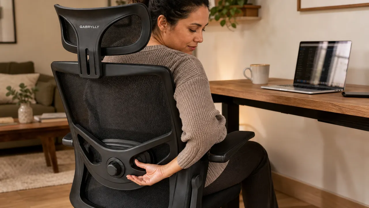 Close-up of adjustable lumbar support knob on the back of the GABRYLLY ergonomic chair