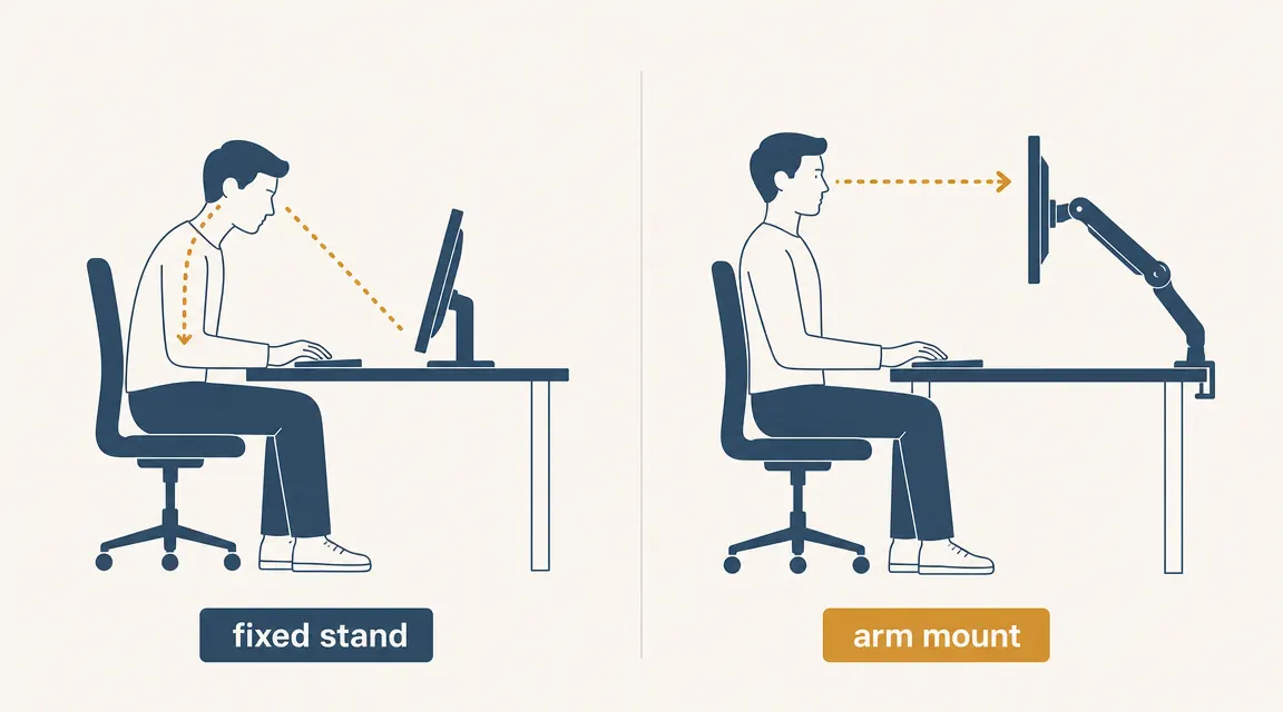 Side-by-side diagram showing monitor on a fixed stand versus monitor on an arm with neck angle arrows
