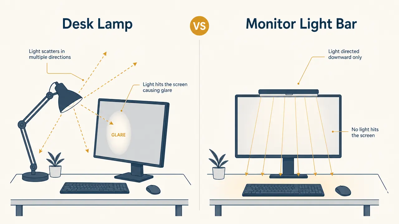 Diagram comparing light distribution from a desk lamp versus a monitor light bar, showing glare zones and screen-safe zones