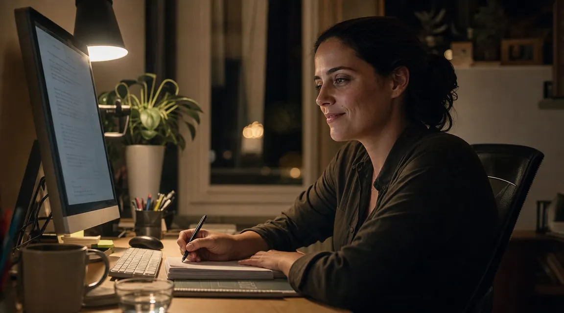 Person typing at a home office desk late at night with a monitor light bar providing focused downward light, face relaxed with no squinting