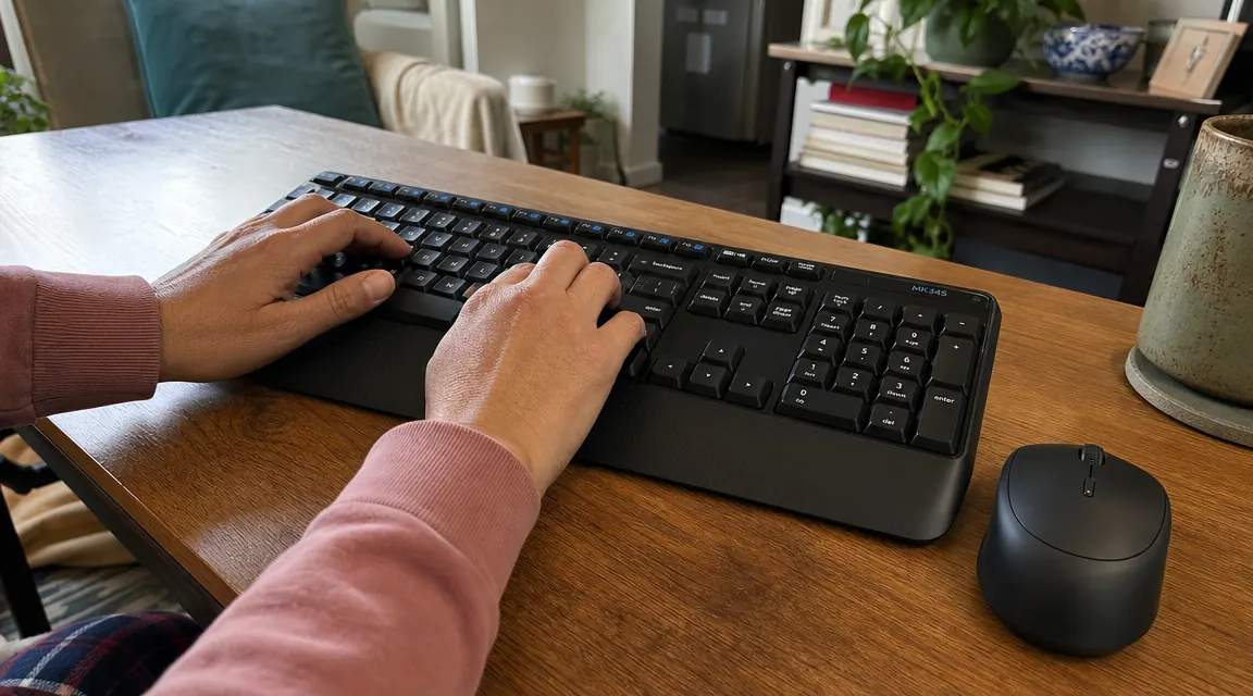 Woman's hands resting comfortably on a wireless keyboard with a cushioned palm rest at a home desk