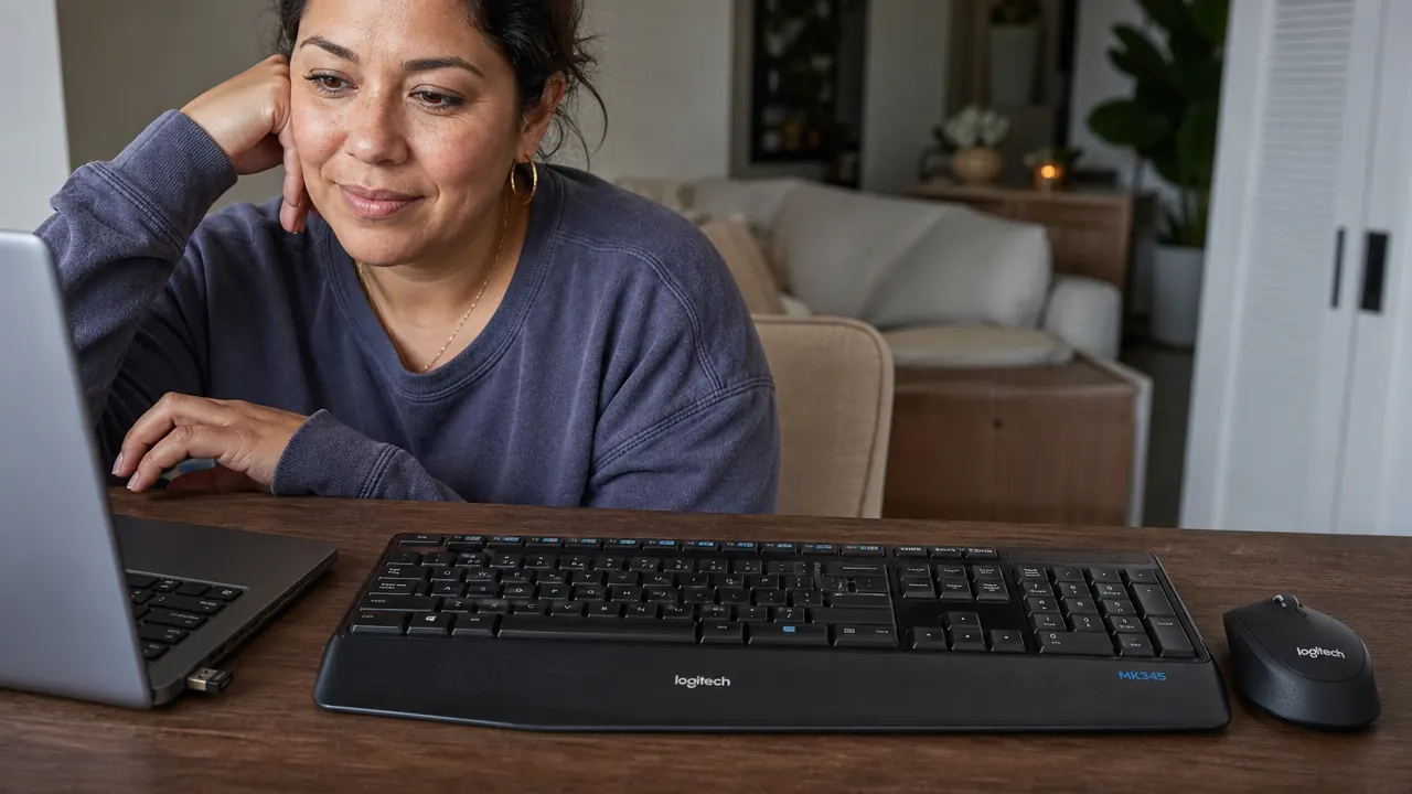 Wireless USB nano receiver plugged into a laptop port, showing how small and unobtrusive it is
