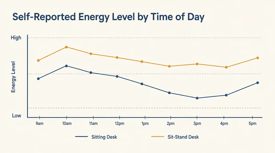 Chart showing reported energy levels throughout a workday for sitting versus standing desk users, with the standing desk line staying higher in the afternoon