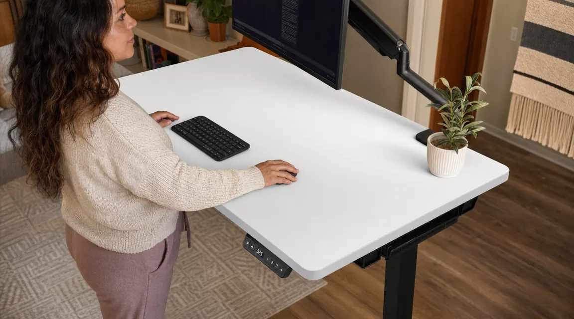 ErGear standing desk surface showing a monitor, keyboard, and cable management tray beneath the desktop