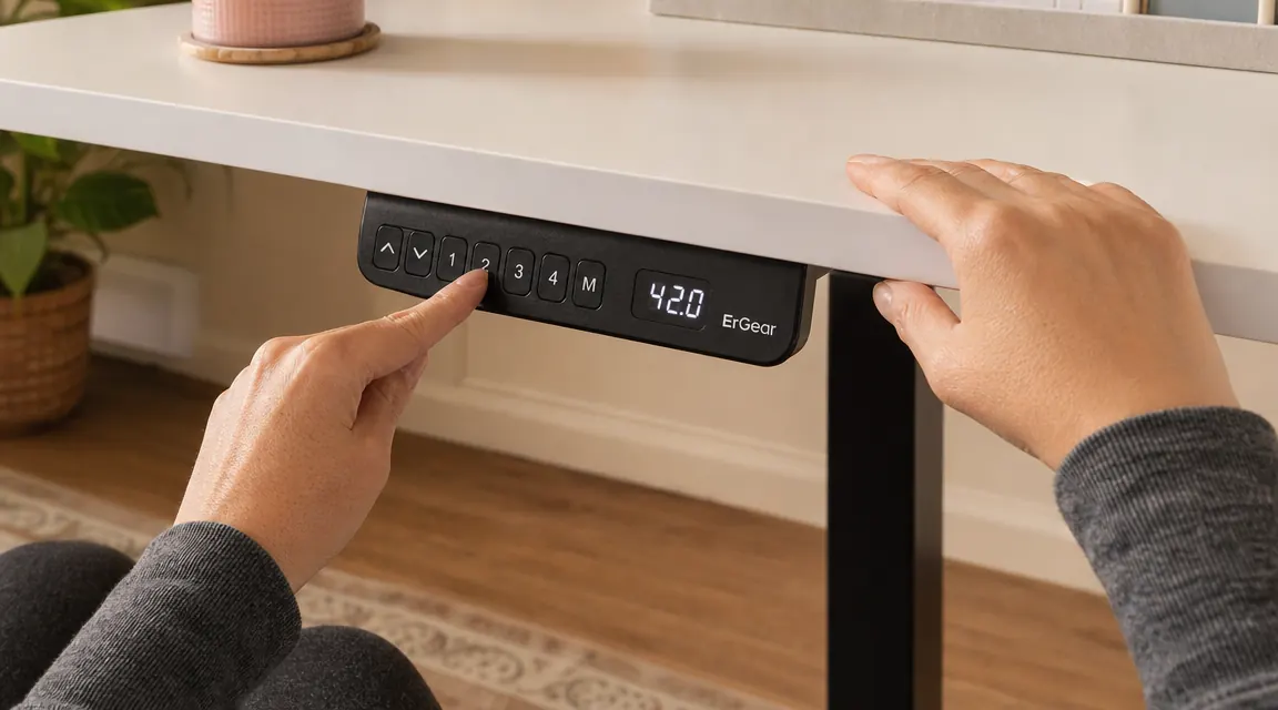 ErGear standing desk control panel showing memory preset buttons and digital height display