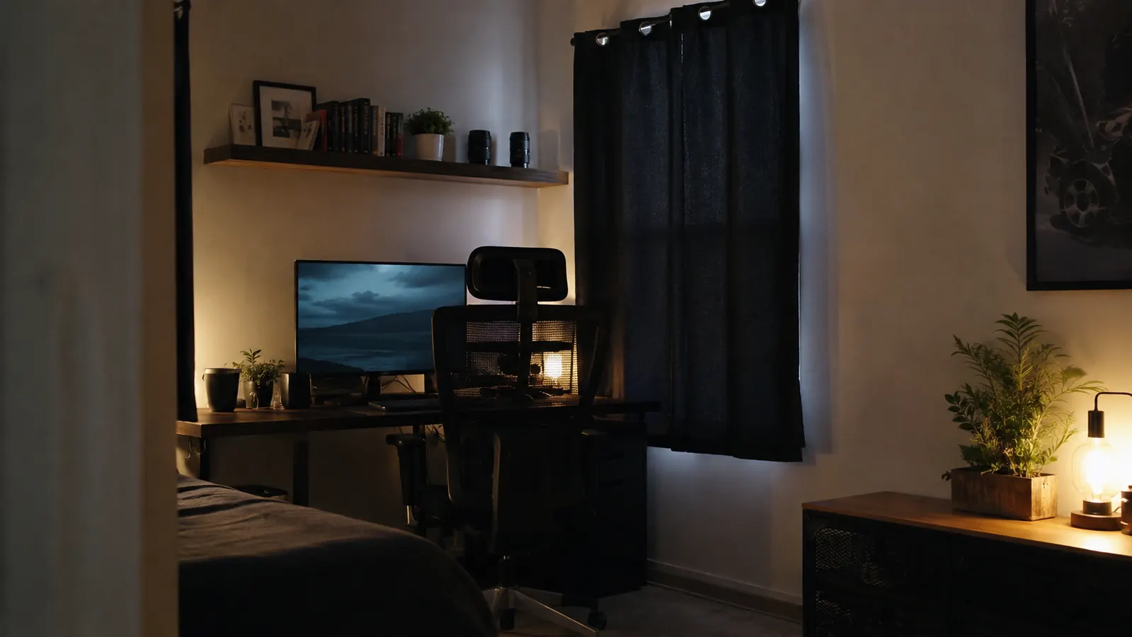 Home office desk setup in a small bedroom corner, ergonomic chair and monitor visible