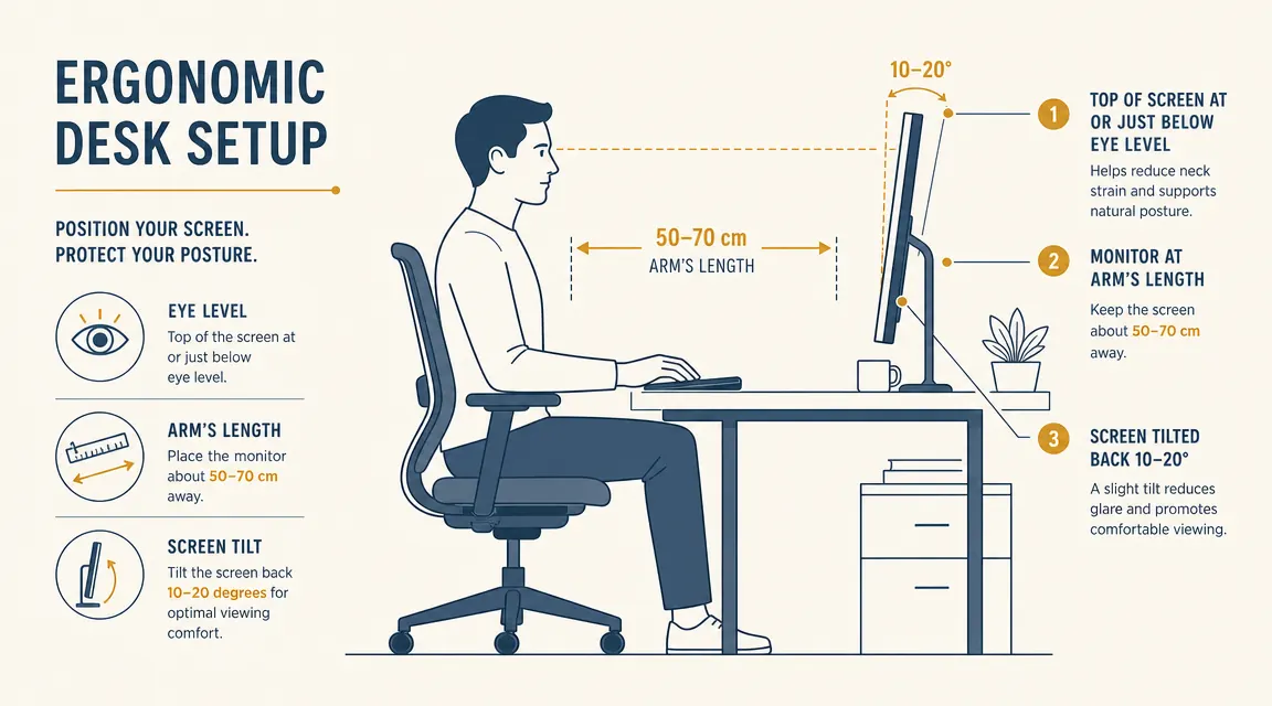 Diagram showing ideal monitor height, distance, and tilt angle for reducing eye strain at a home desk