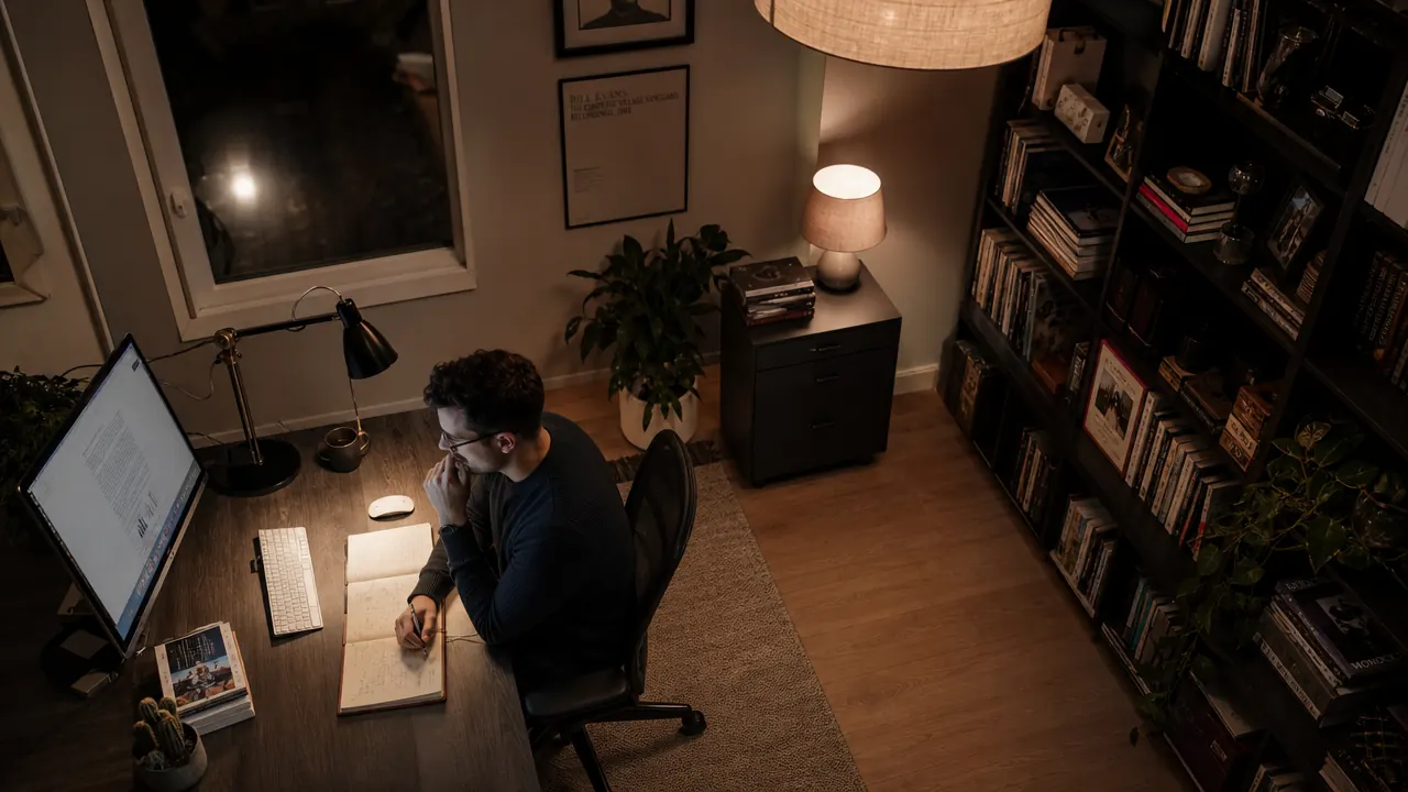 Home office desk showing both overhead ceiling light and monitor lamp working together for balanced ambient lighting
