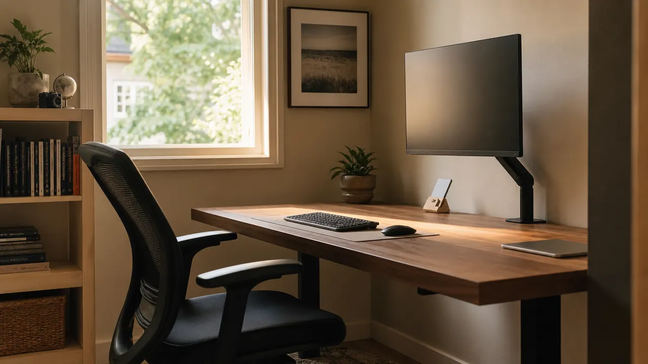 Home office corner desk with wireless keyboard, mouse, and monitor arm showing a clean ergonomic setup