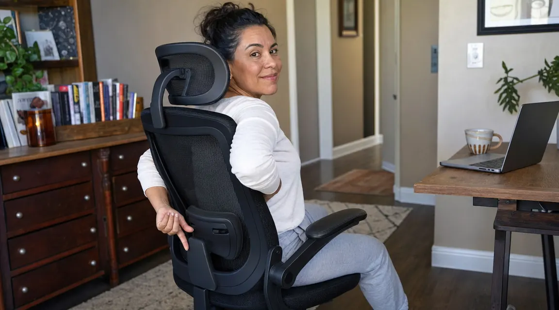 Close-up of ergonomic chair lumbar support pad pressed against a person's lower back while seated
