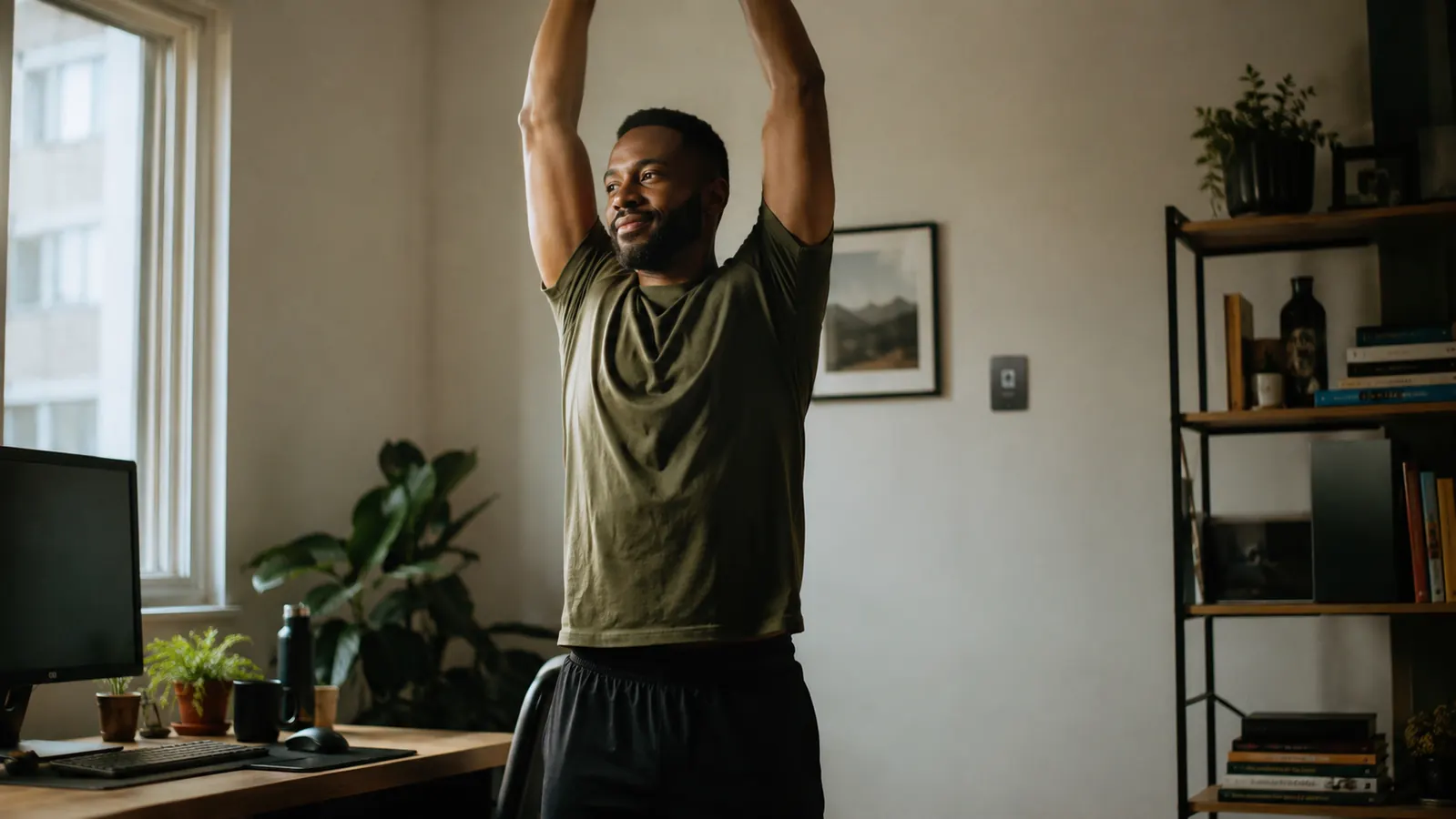 Person standing up from their desk chair and stretching arms overhead in a home office