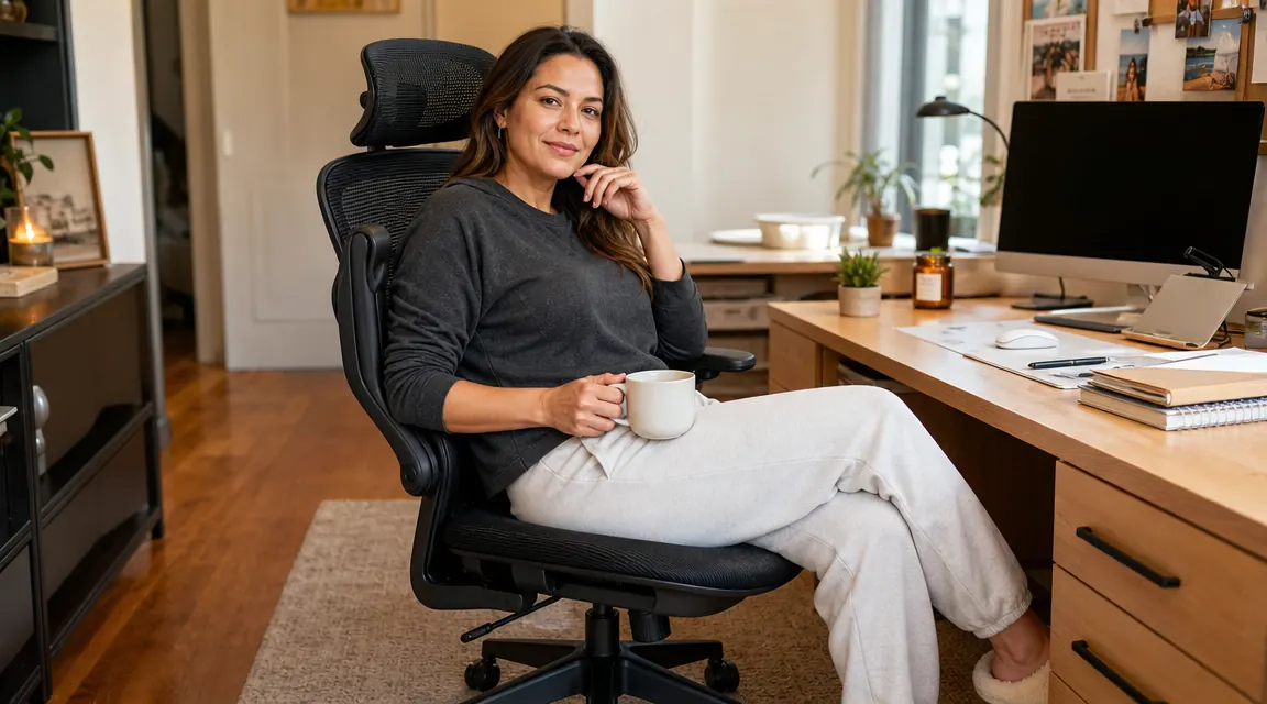 GABRYLLY ergonomic office chair showing flip-up arms and adjustable headrest in a home office setting