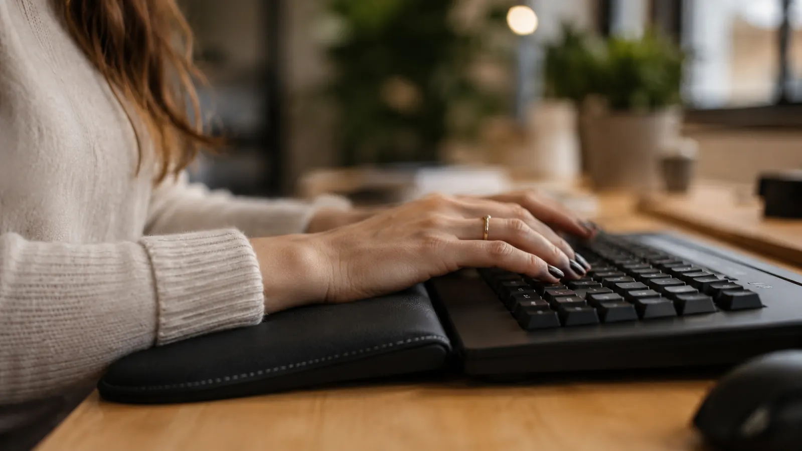 Close-up of hands typing on a keyboard with a palm rest, relaxed wrist position