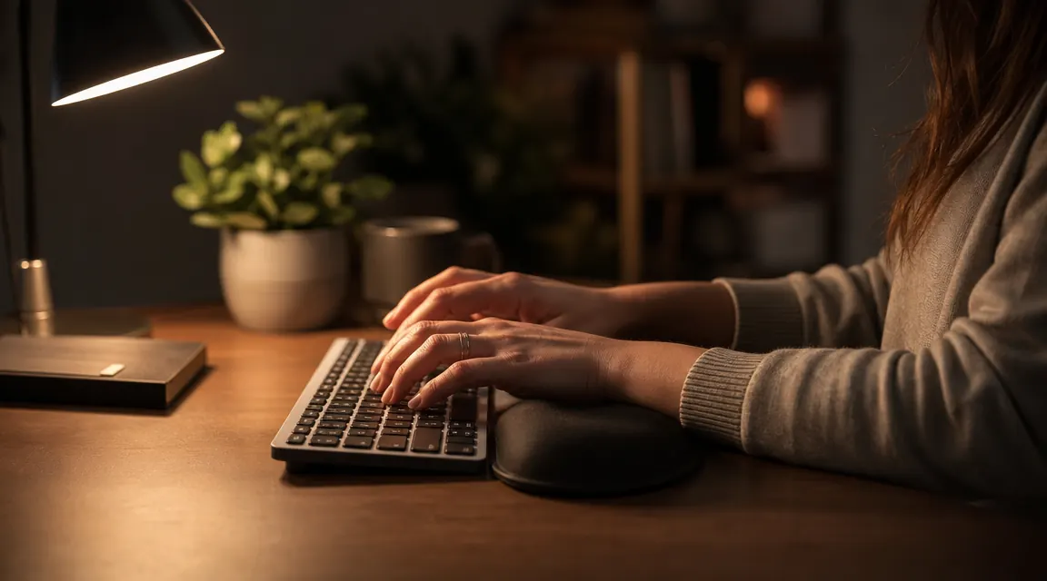 Person typing on the MK345 at a dim desk late at night, wrist resting on the palm rest, posture relaxed