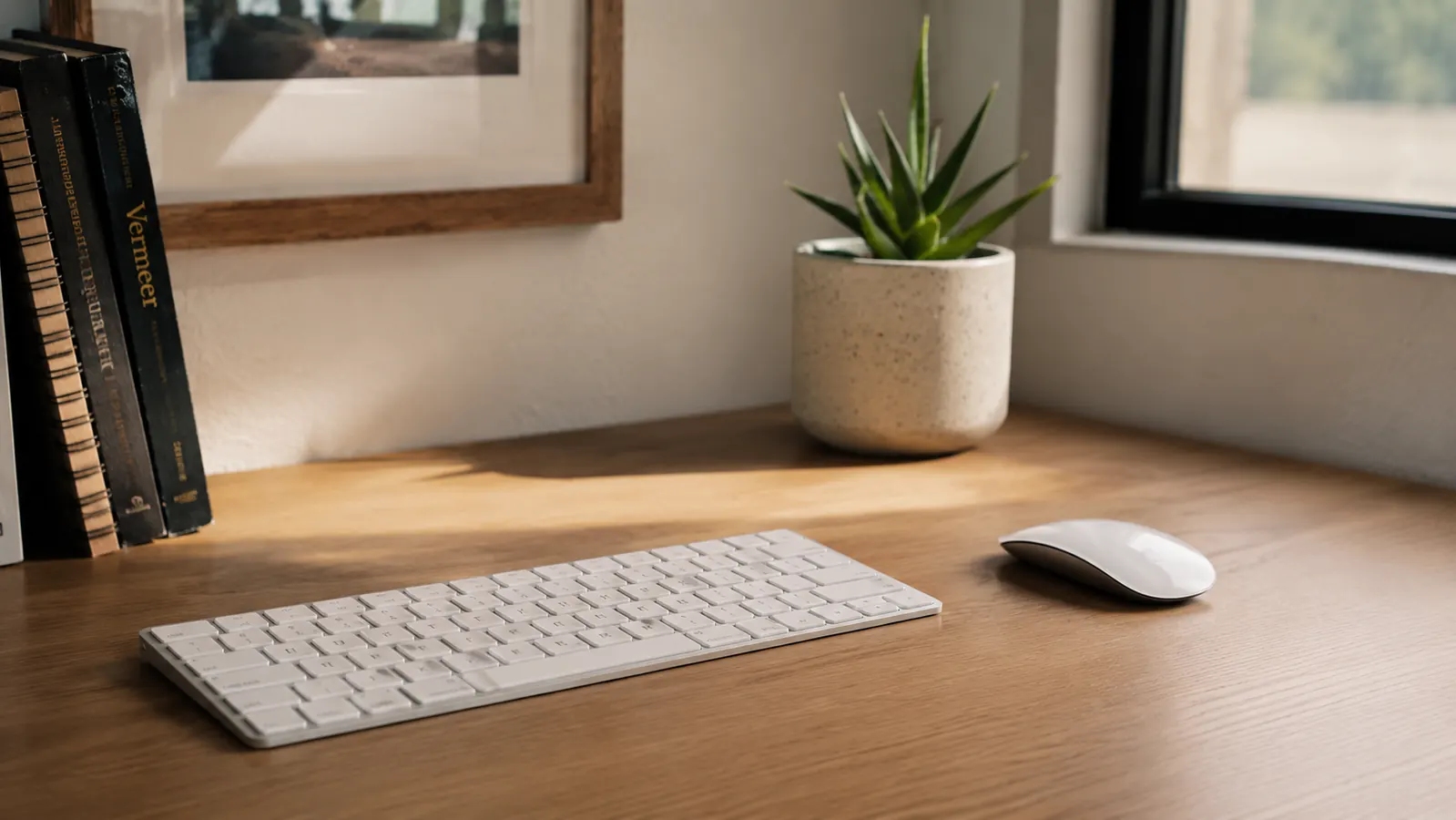 Clean organized desk corner with wireless keyboard and mouse, no cable clutter, small plant in background