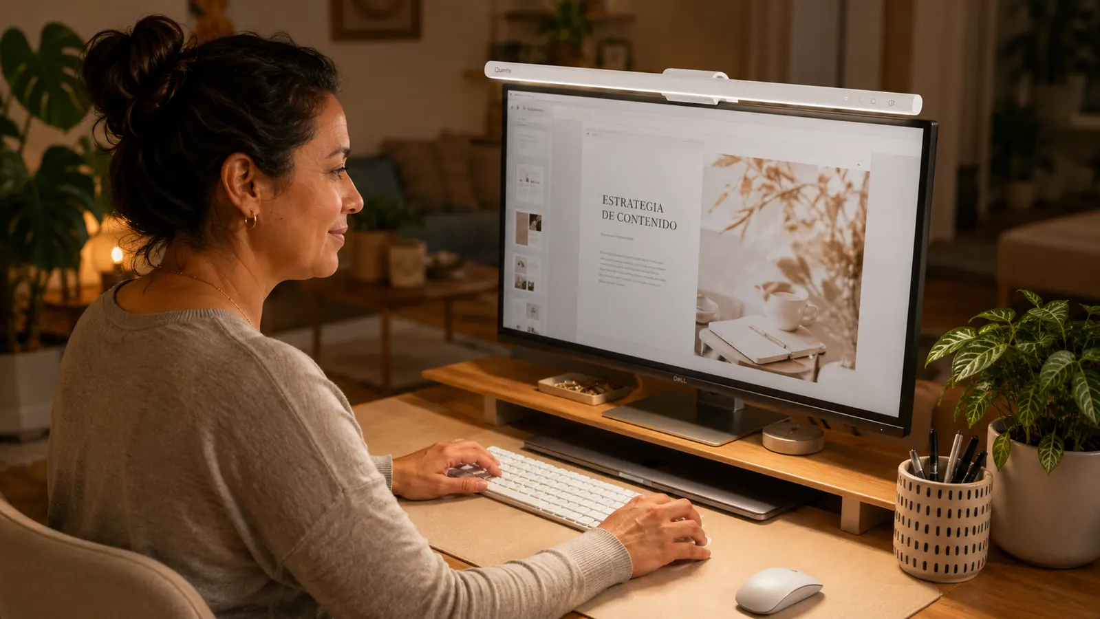 Close-up of the Quntis monitor light bar clipped onto the top edge of a monitor, USB cable routed neatly down the back