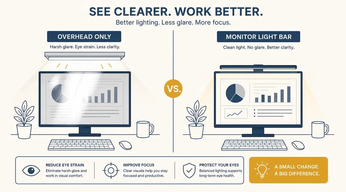 Comparison of a bright overhead ceiling light causing screen glare versus a monitor light bar with zero glare on the same screen