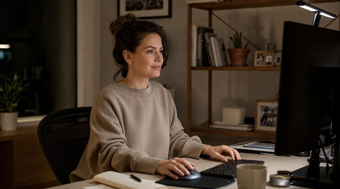 Woman sitting relaxed at a home office desk in the evening, reading from a monitor with a light bar, relaxed posture, no squinting