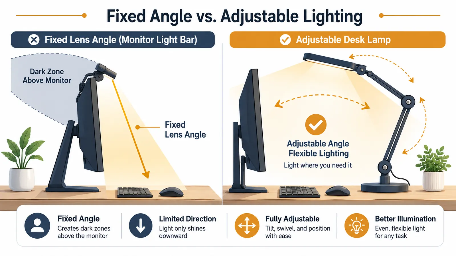 Diagram showing the fixed downward light angle of a monitor light bar compared to an adjustable desk lamp beam
