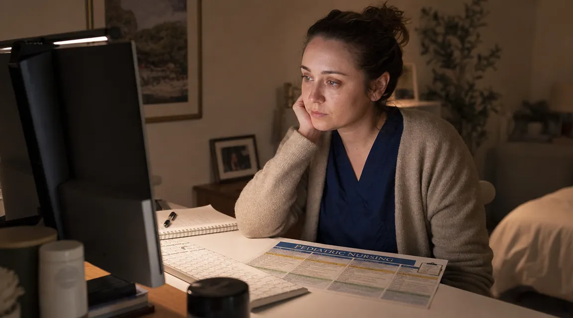 Woman at a home desk at night looking relaxed and alert, monitor light bar glowing above the screen, no overhead ceiling light on