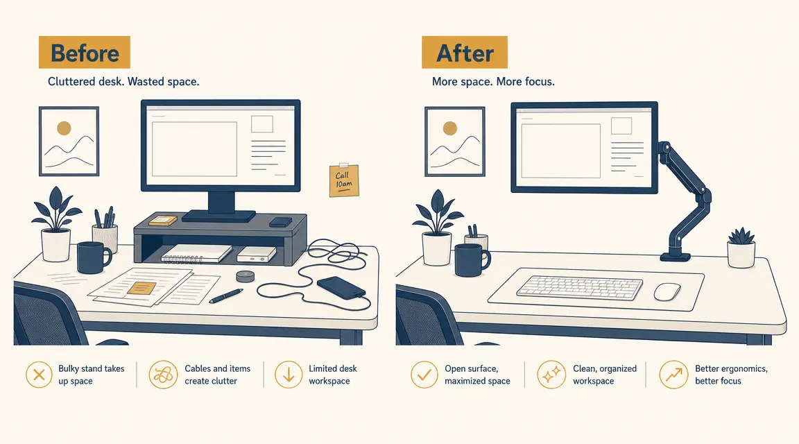 Before and after desk comparison: left side shows cluttered desk with a block stand and papers; right side shows the same desk clean with floating monitor arm