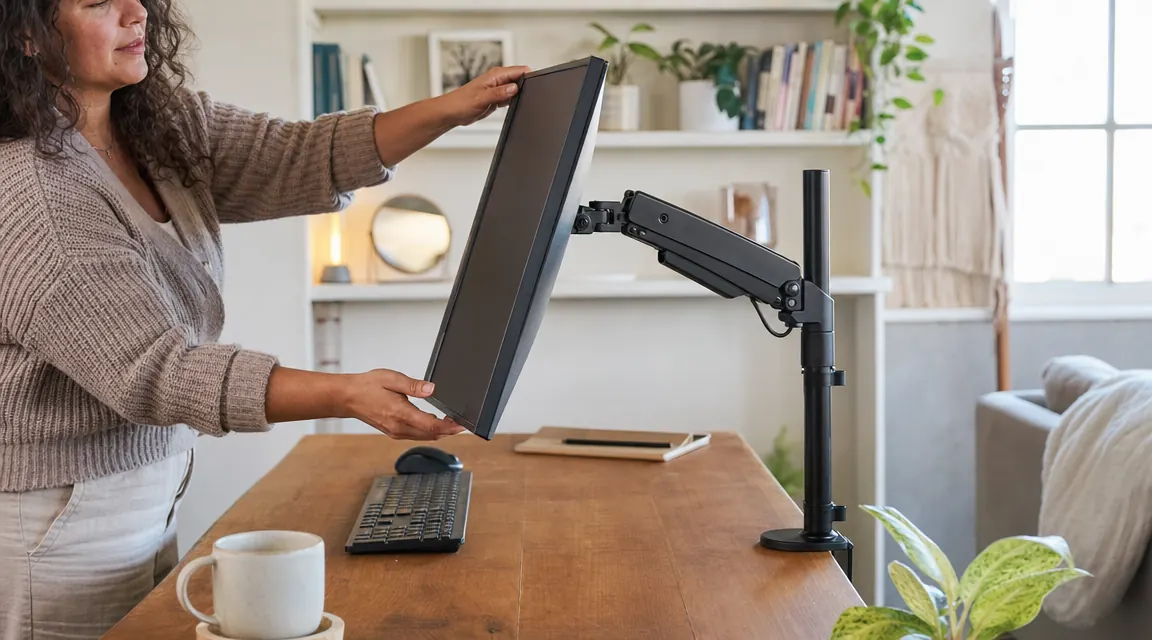 Hands adjusting the tilt angle of a VIVO monitor arm, 27-inch monitor visible, viewed from the side