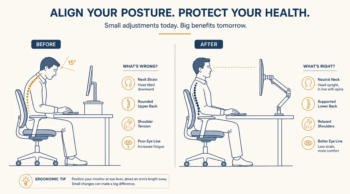 Diagram comparing monitor height before and after mounting on an arm, with neck angle annotations at 15 and 0 degrees